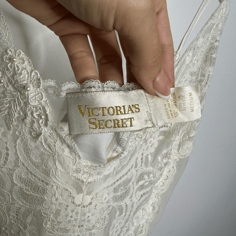 VTG 90s Victoria's Secret lace floral short nightgown WHITE semi sheer womens M - Picture 5 of 8